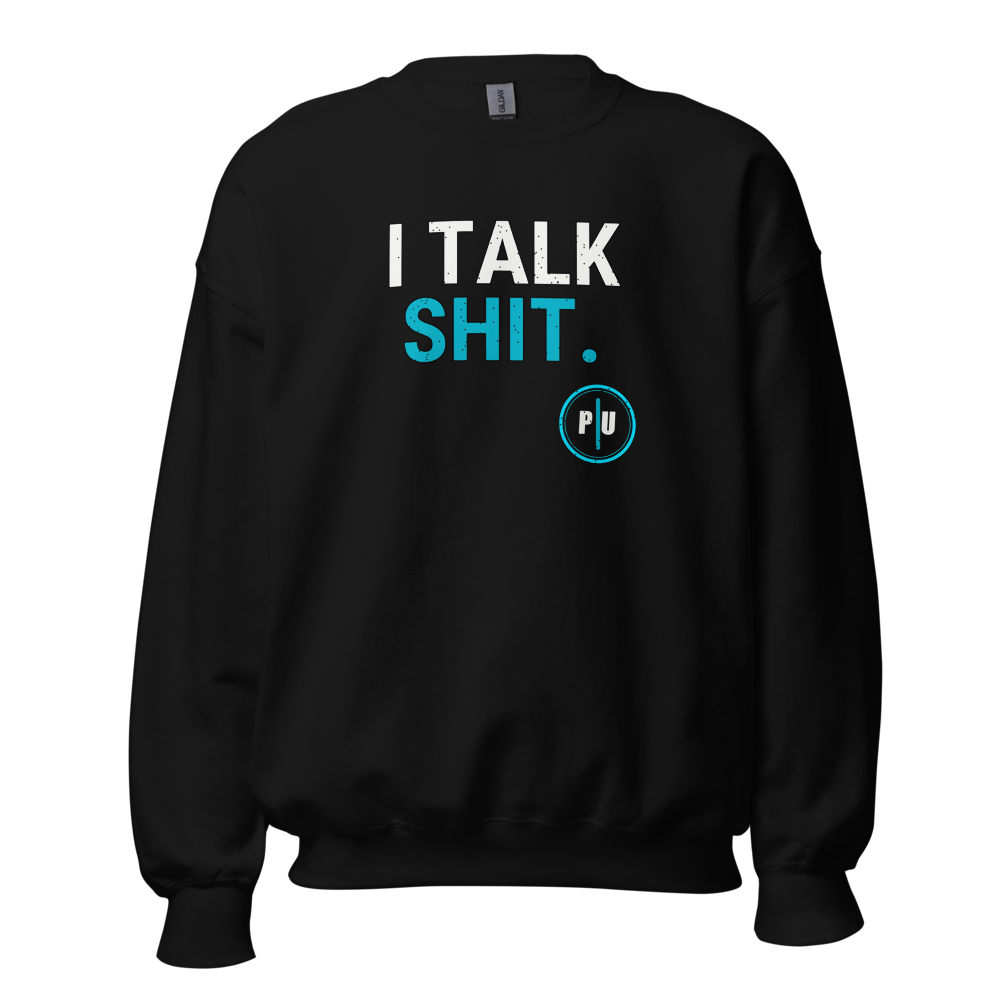 Gildan 18000 crewneck, Black, Cyan accent, I Talk Shit front