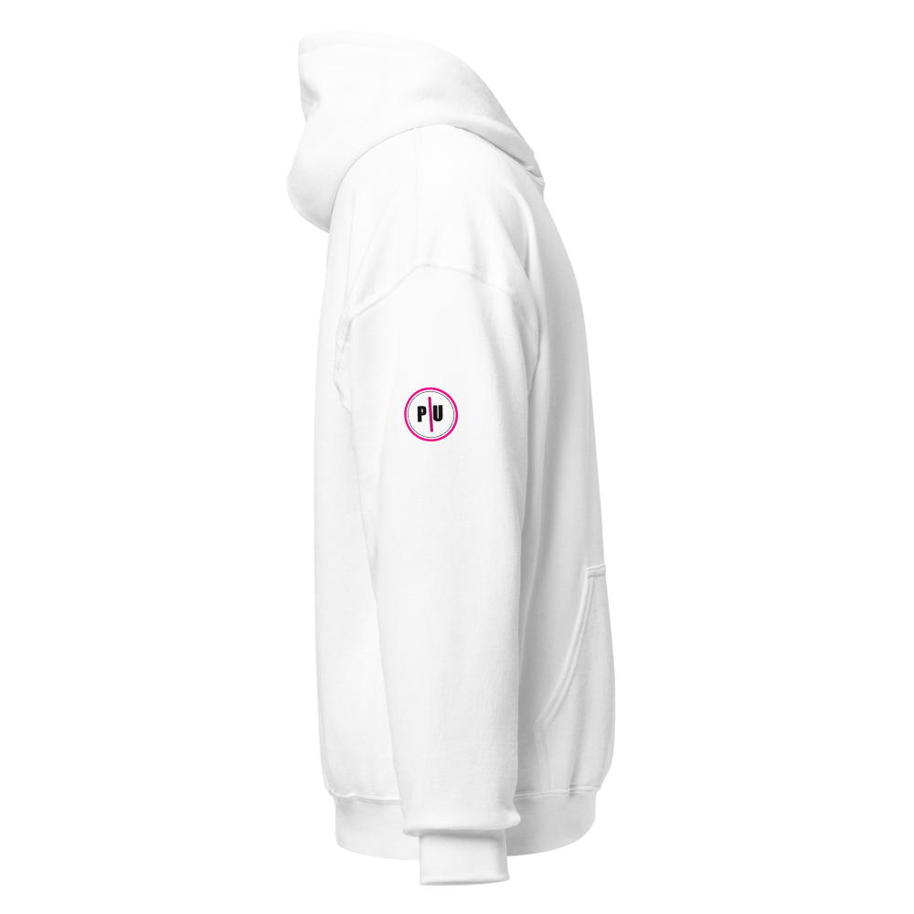 I Talk Shit hoodie, Style 2, White, Pink accent, sleeve badge