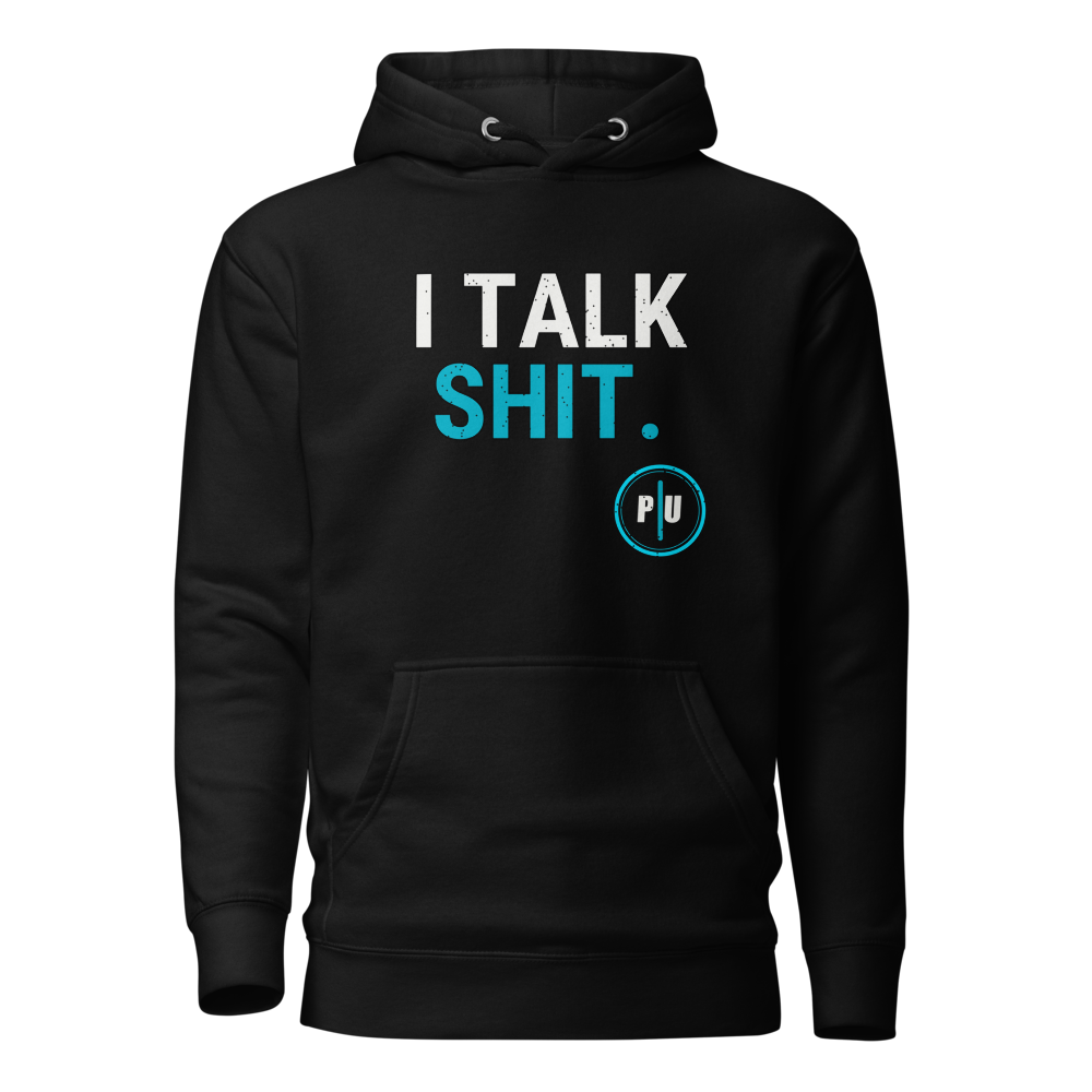 Cotton Heritage M2580 hoodie, Black, Cyan accent, I Talk Shit front