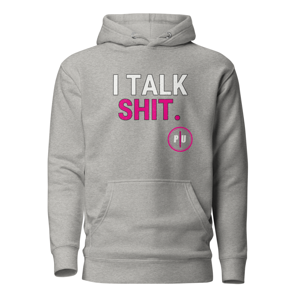 Cotton Heritage M2580 hoodie, Carbon Grey, Pink accent, I Talk Shit front